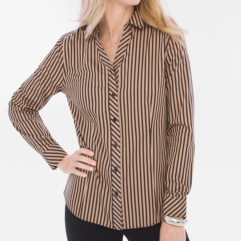 Chicos Black Tan Stripe No Iron Button Up Shirt Sz 12